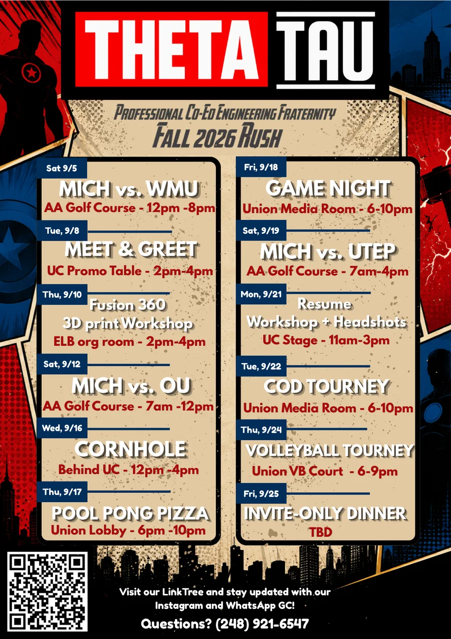Fall 2026 rush flyer listing all twelve events, September 5 through 25